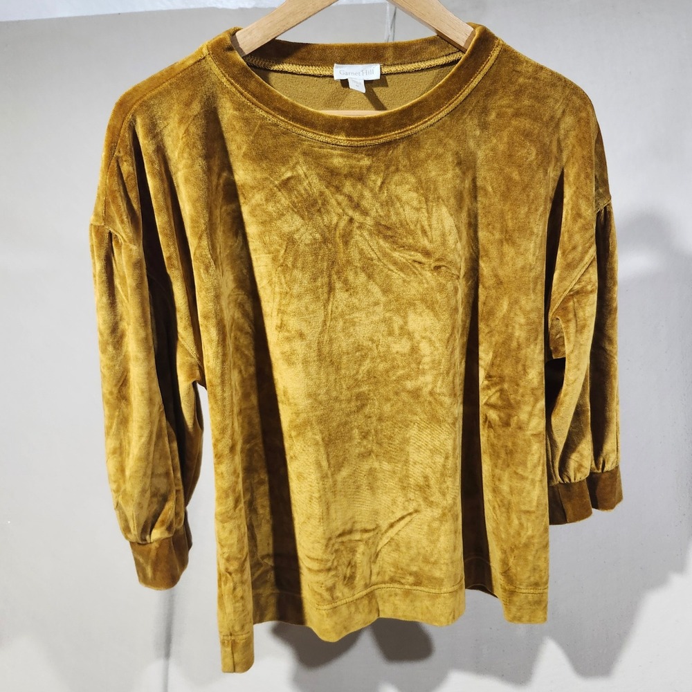 Garnet Hill Mustard Gold Velvet Puff Sleeve Top Medium Organic Cotton Modal Fall
